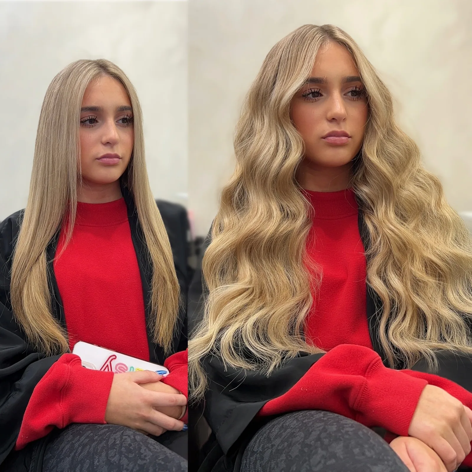 Before and after hair topper adding volume and length styled in soft waves — hair loss solutions at Infinite Hair Studio, Baton Rouge LA