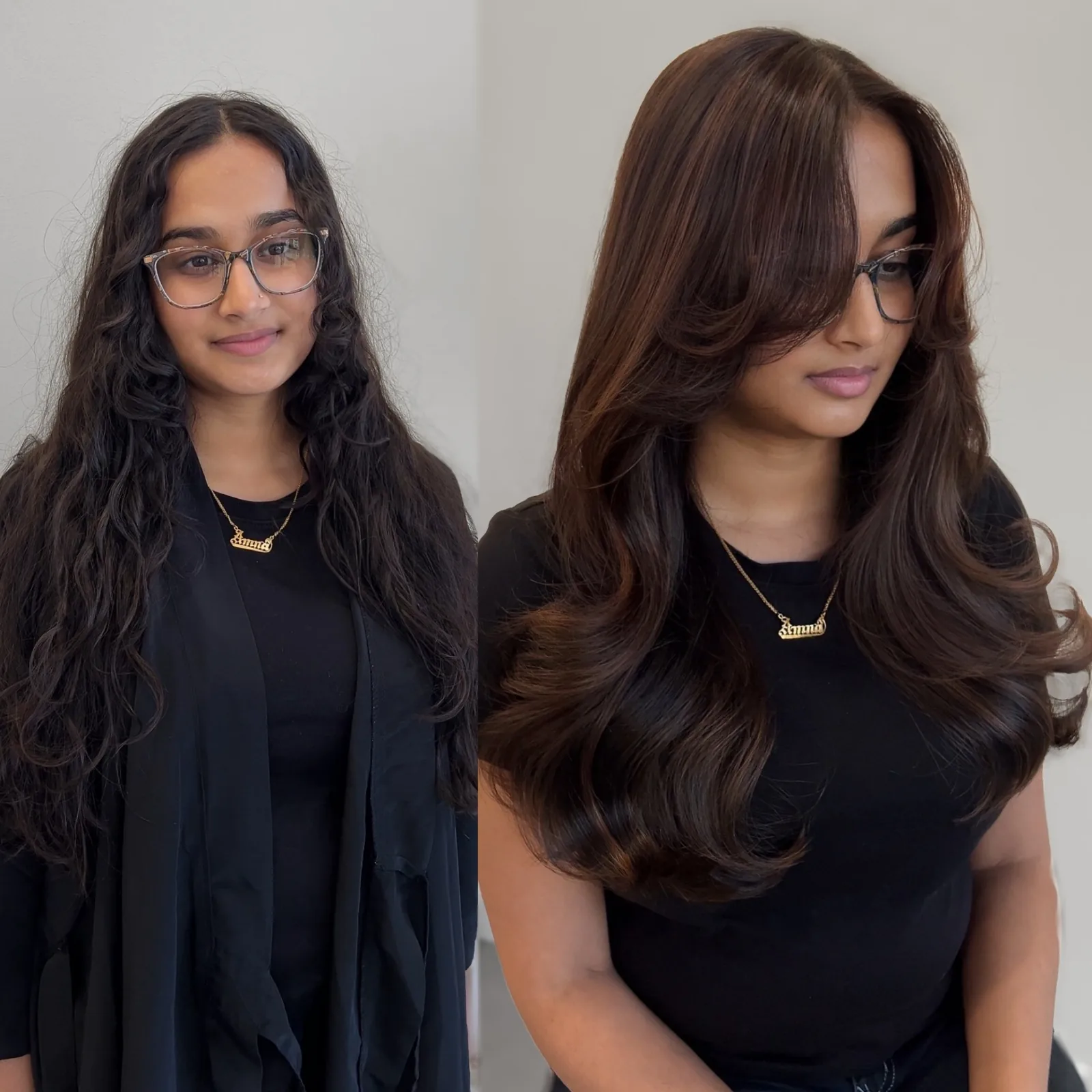Rich brunette hair refreshed with a corrective gloss and smooth blowout — Infinite Hair Studio, Baton Rouge LA