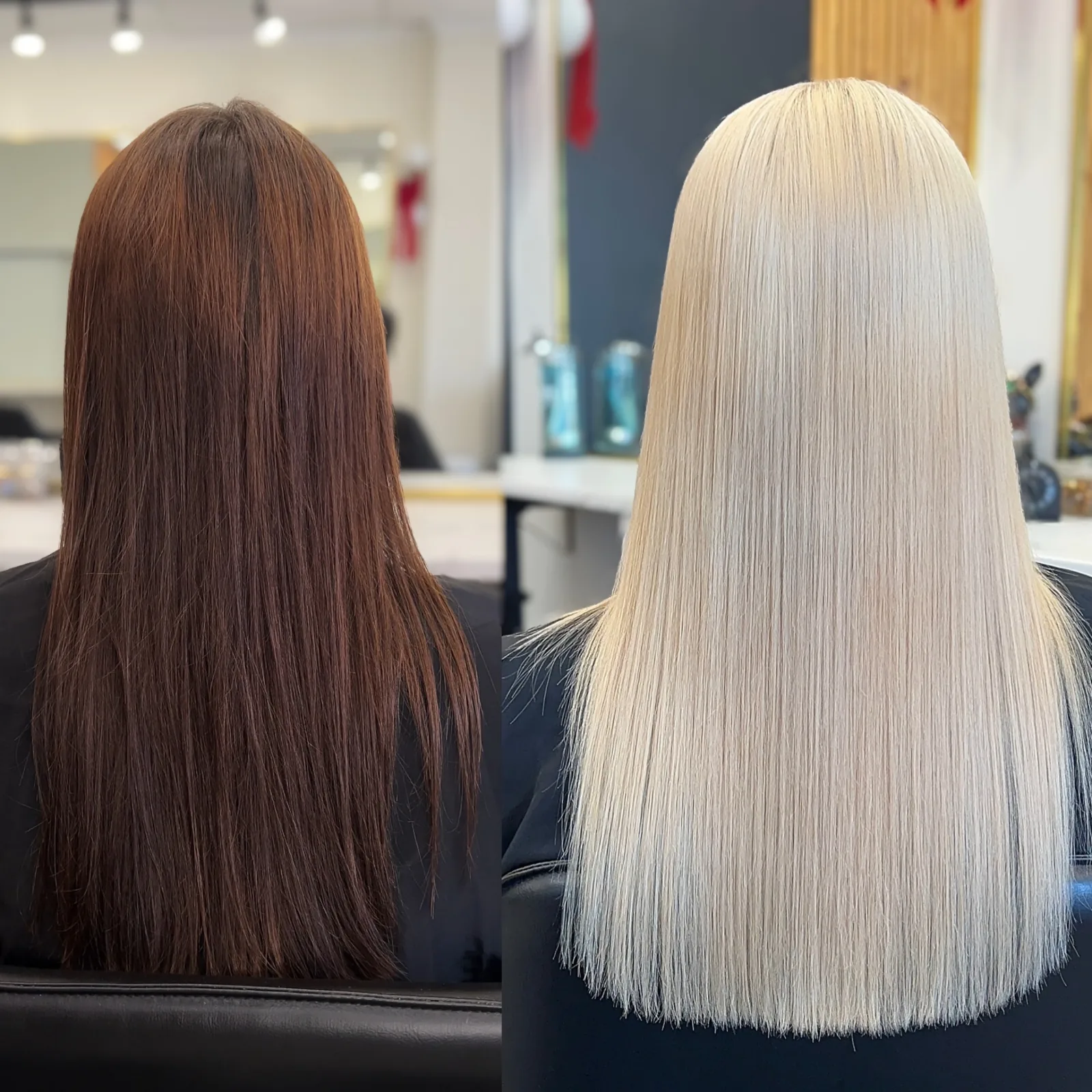Before and after brunette to platinum blonde transformation with custom toning — Infinite Hair Studio, Baton Rouge LA