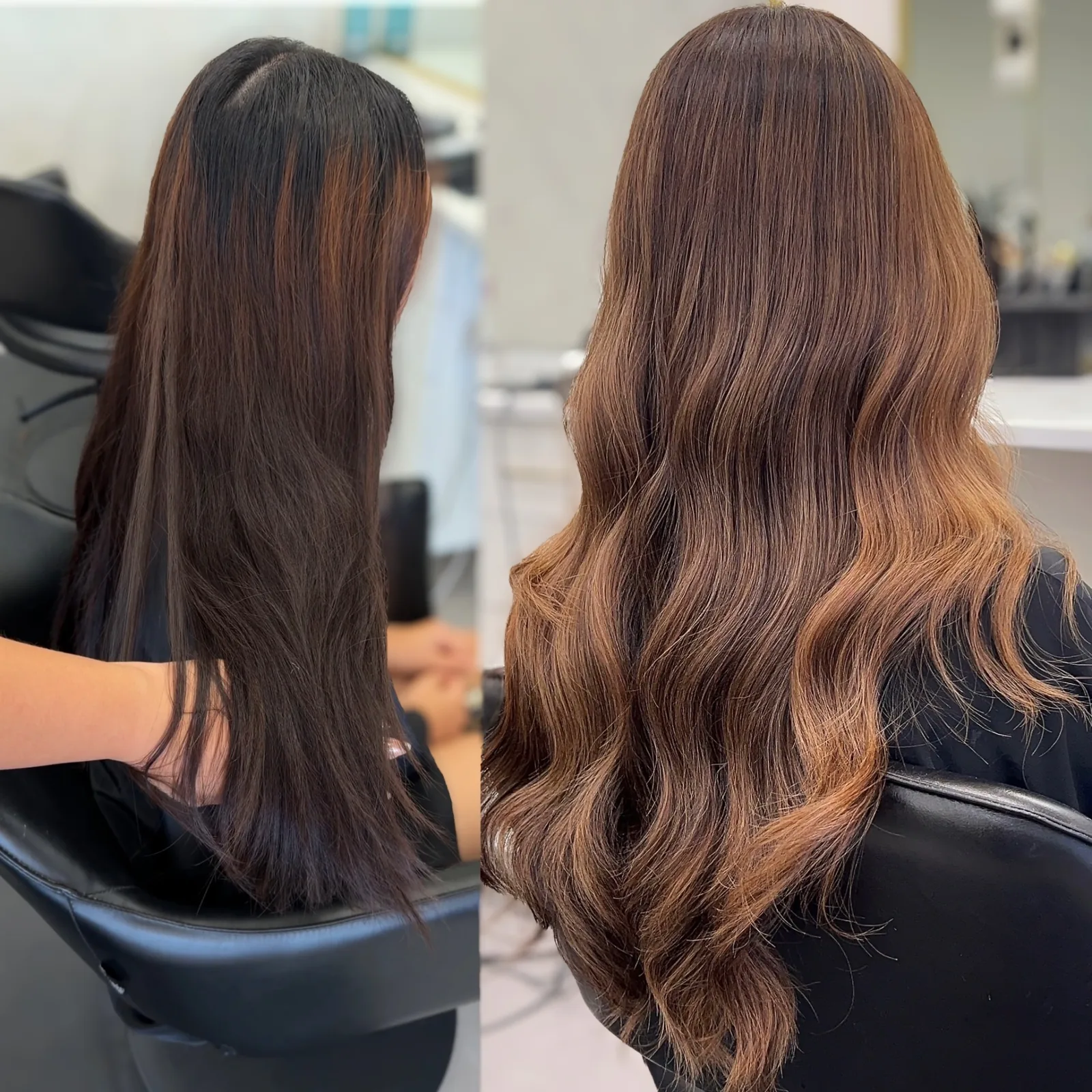 Even, glossy brunette waves after corrective toning evened out banding — Infinite Hair Studio, Baton Rouge LA