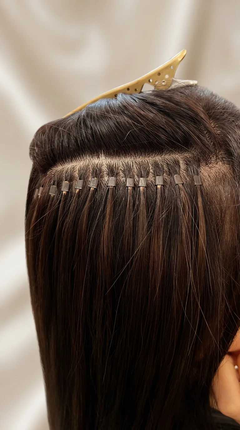Close-up of i-tip micro-bead hair extension install on brunette hair — Infinite Hair Studio, Baton Rouge LA