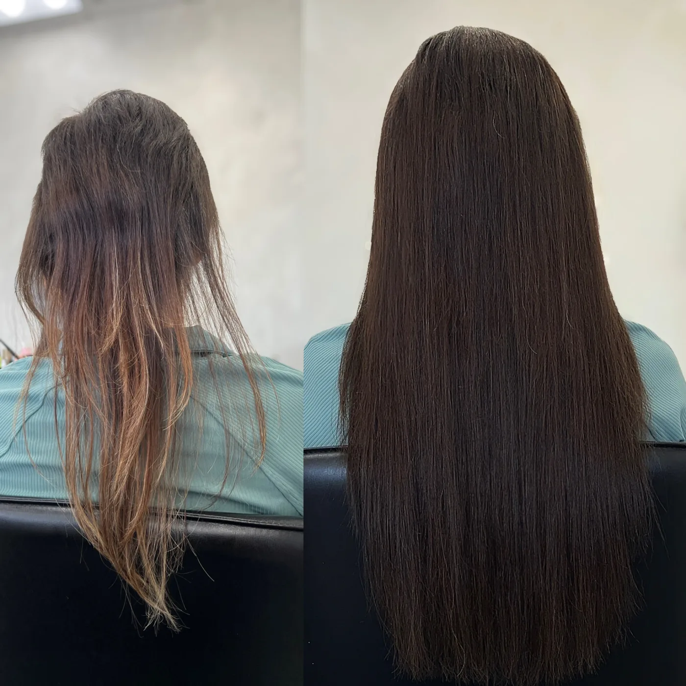 Before and after fine brunette hair given length and thickness with lightweight extensions — Infinite Hair Studio, Baton Rouge LA